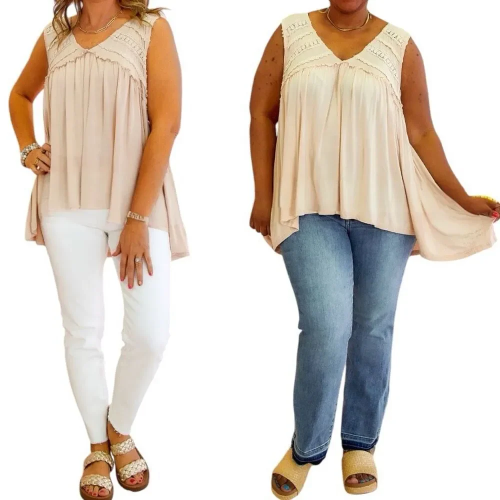 POL Tank Beige Lace Trim Boho Babydoll Sleeveless Top Ruffle Raw Edge Detail NEW - Picture 9 of 13